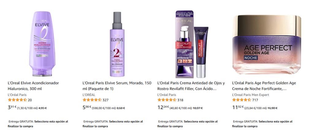 Promoción en productos de belleza L’Oréal para piel y cabello.