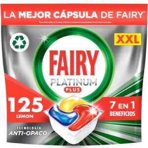 Fairy Platinum Plus Limón Cápsulas De Lavavajillas Todo En Uno, 125 Cápsulas, Nuestra Mejor Limpieza Que Deja Los Platos Como Nuevos, Elimina La Falta De Brillo Y Evita La Cal