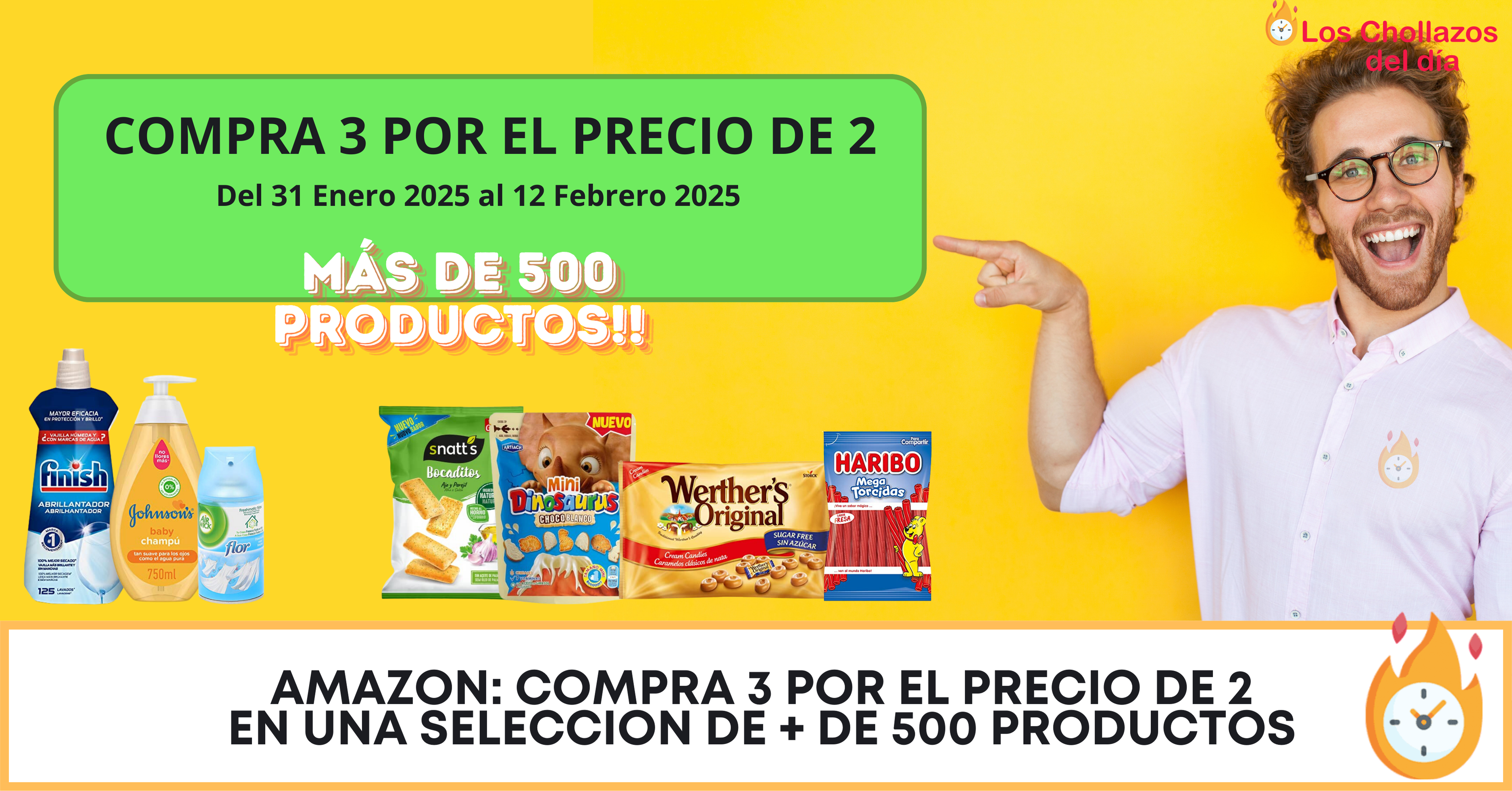 Promoción 3x2 de Amazon destacando alimentos, cuidado personal y productos del hogar.