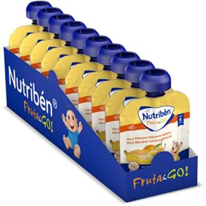 Nutribén Fruta And Go | Bolsita de puré de Frutas 100% Natural, Pera Plátano Naranja y Galleta- Pack De 10 unidades x 90g