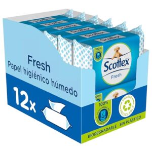 Scottex Papel Higiénico Húmedo Fresh con Agua Micelar y Vitamina E, Biodegradable y Sin Plástico, Caja 12 packs de 38 servicios, Total 456 Toallitas Húmedas Desechables por WC
