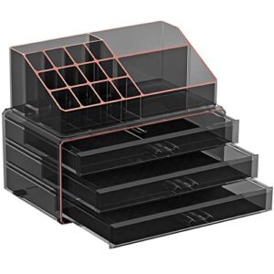 SONGMICS Organizador de Maquillaje, Estuche de Cosméticos con 3 Cajones y 15 Compartimentos de Diferentes Tamaños, Negro Transparente y Oro Rosado JKA002B01